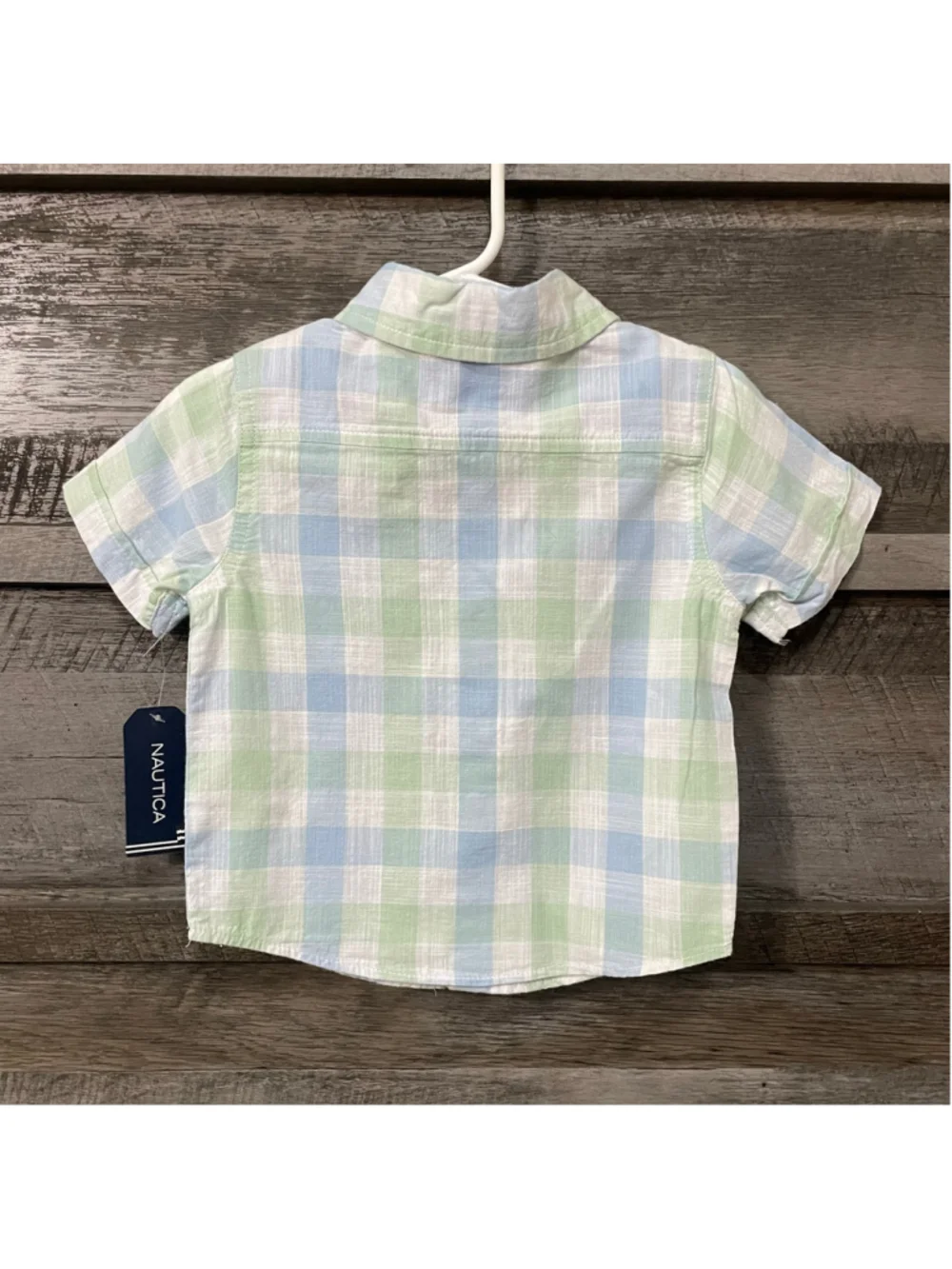Nautica Boys Plaid Short Sleeve Button Down Shirt 12 Months Blue Green Easter